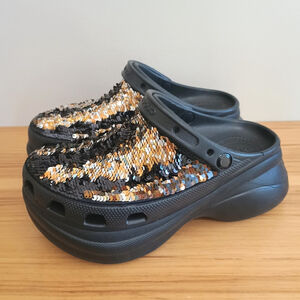 Crocs Iconic Comfort Classic Bae Silver Gold Sequin Platform Clog Black Size 9